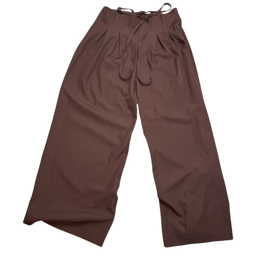 DAZY Brown Wide Leg Pleated Tie Waist Pants Women's L High Waisted Trousers